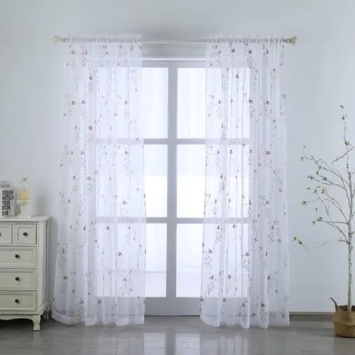Miniatura 20 de Taisier Home Cortinas Traslúcidas Blancas Florales con Estampado de Flores y Bordado de Enredaderas para Dormitorio, Cortina con Bolsillo