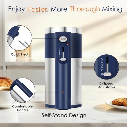 Miniatura 6 de Batidora de mano potente de 600W, batidora eléctrica de 5 velocidades para hornear, batidor de mano ligero de acero inoxidable *2 y ganchos para Azul