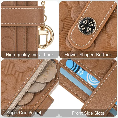 Miniatura 4 de Cartera RFID para mujer, delgada y pequeña, de piel con estampado de flores, plegable, compacta, con tarjetero y bolsillo para monedas, color marrón