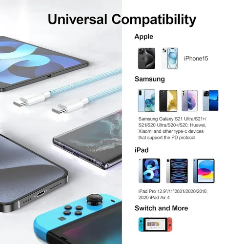 Miniatura 8 de Cable Carplay de coche para iPhone 17, cable de carga rápida, paquete de 3 unidades de 6 pies 60 W, USB A a USB C, multicolor, cable trenzado