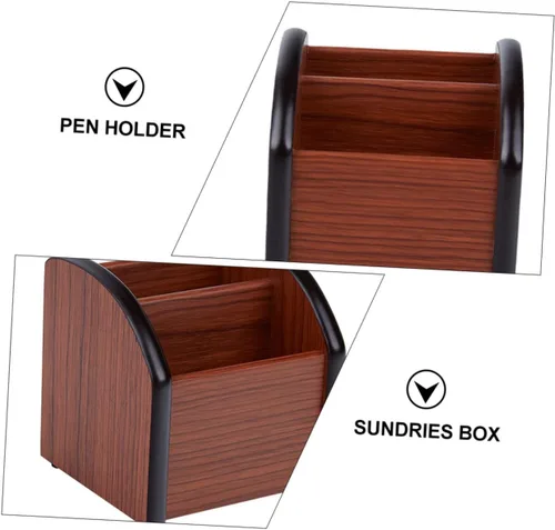 Miniatura 7 de STOBOK Soporte para bolígrafo de madera para escritorio, caja de bolígrafos de madera, organizador de escritorio multiusos, soporte de lápiz
