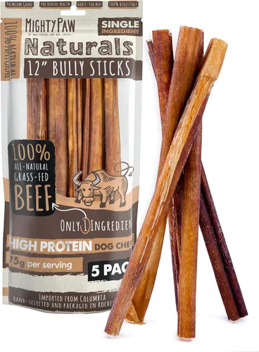 Mighty Paw Palitos de goma de 12" de larga duración para perros - Masticables 100% naturales de carne de res alimentada con pasto. Palitos de goma