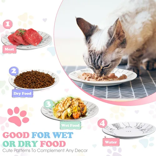 Miniatura 4 de Irenare Juego de 10 platos de cerámica para gatos de 6 pulgadas, anti fatiga y fatiga para gatos, lindos platos poco profundos para comida y agua