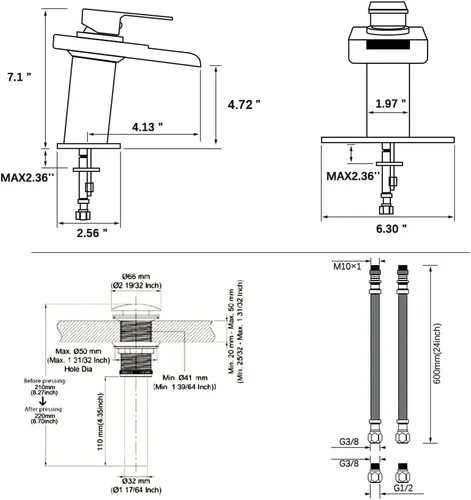 Miniatura 5 de AVSIILE Grifo LED para lavabo de baño, cascada cromada, mango de un solo agujero, 1 agujero con drenaje desplegable de metal y 2 líneas de Cromo