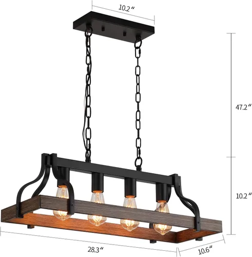 Miniatura 6 de MEIXISUE Lámpara rústica para isla de cocina, comedor, candelabro lineal estilo granja, acabado negro y madera retro, 4 luces, lámpara colgante