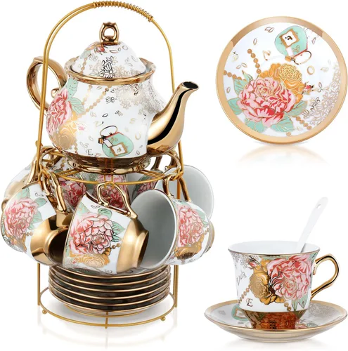 Zhehao Juego de té de porcelana de 20 piezas con soporte de metal y cuchara para adultos, juego de té de cerámica para adultos, pintura de flores