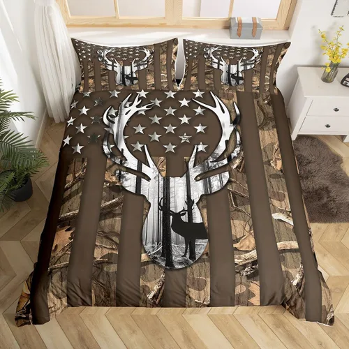 Miniatura 4 de Castle Fairy Funda de edredón con diseño de bandera estadounidense de camuflaje, tamaño individual, silueta de ciervo y árboles marrones, edredón