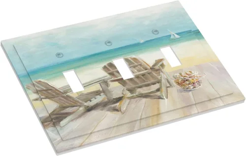 Miniatura 3 de Interruptor de Luz Cove Silla de Playa Paisaje Marino Océano Azul Placa de Pared de 3 Posiciones Placa de Interruptor de Luz Triple Palanca Costera