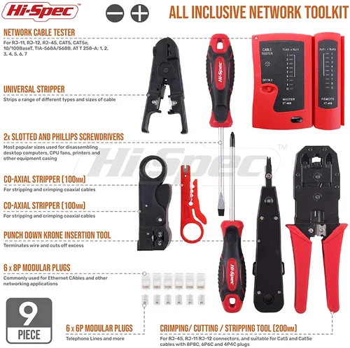 Miniatura 2 de Hi-Spec Juego de herramientas de probador de cables de red de 9 piezas para CAT5, CAT6, RJ11, RJ45. Engarzadora Ethernet LAN, perforación