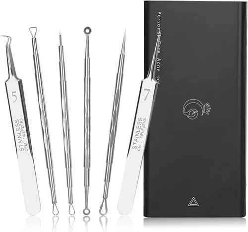 Juego de removedor de puntos negros de acero inoxidable de 6 piezas, kit profesional de extractor de acné con estuche de almacenamiento portátil,
