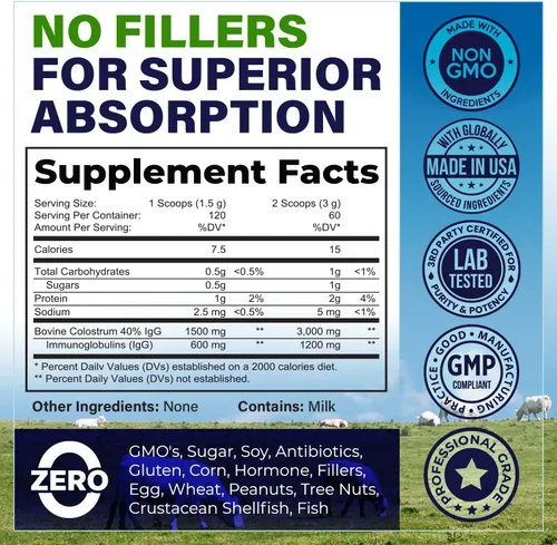 Miniatura 2 de Suplemento en polvo de calostro bovino (3000 mg + 40% IgG + sin rellenos) apoya la salud intestinal y digestiva, recuperación muscular