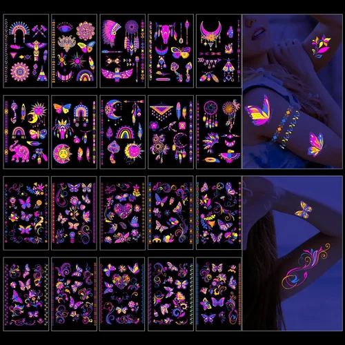 20 hojas de tatuajes temporales que brillan en la oscuridad, más de 200 estilos de fluorescencia UV, neón, impermeable, calcomanías de tatuaje falso