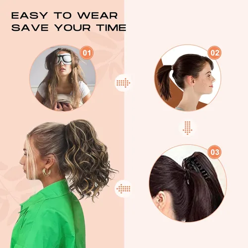 Miniatura 2 de SEIKEA 10" Extensión de Cola de Caballo Corta con Destacado de Garra, PT001 Ella Cabello Ondulado y Rizado Grueso, Clip de Mandíbula