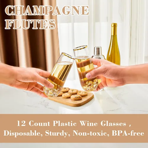 Miniatura 5 de N9R Copas de champán de plástico, 12 vasos desechables sin tallo de 9 onzas, vasos de tostado con borde dorado, vasos de cóctel transparentes