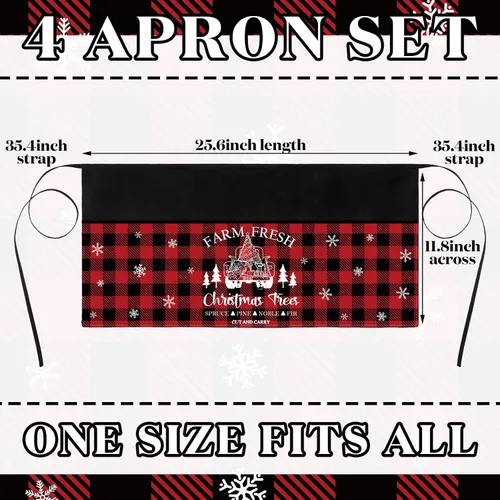 Miniatura 3 de Bencailor 4 Pcs Christmas Server Waitress Aprons with 4 Pockets Buffalo Plaid Half Waist Apron for Xmas Restaurant Party