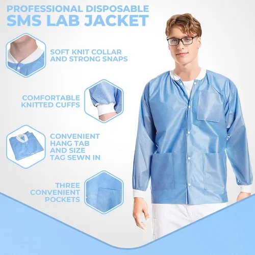 Miniatura 12 de Paquete de 10 chaquetas desechables de laboratorio, chaqueta médica reutilizable hasta la cadera, unisex, con puños de punto y bolsillos