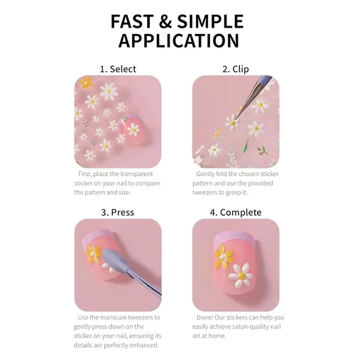 Miniatura 5 de Calcomanías de uñas, 4 hojas en relieve floral 5D, autoadhesivas para manicura de bricolaje