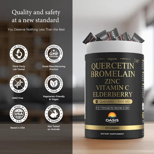 Miniatura 8 de Gomitas de quercetina 8 en 1 con bromelina de 1000 mg, suplemento de quercetina orgánica de alta potencia con zinc y vitamina C, saúco, bienestar