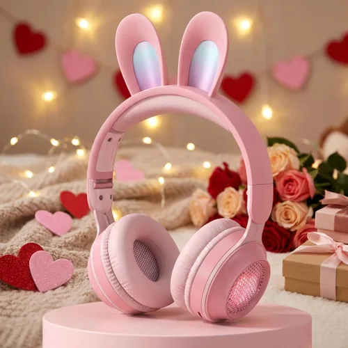 Miniatura 11 de Auriculares Bluetooth con cancelación de ruido para niños, auriculares plegables con forma de orejas de gato y luz LED, auriculares con orejas