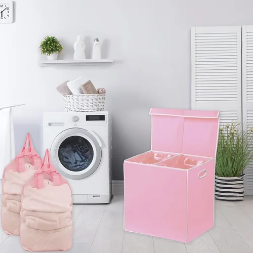 Miniatura 2 de Simple Houseware - Cesta doble para la ropa sucia, con tapa y bolsas extraíbles, Rosa