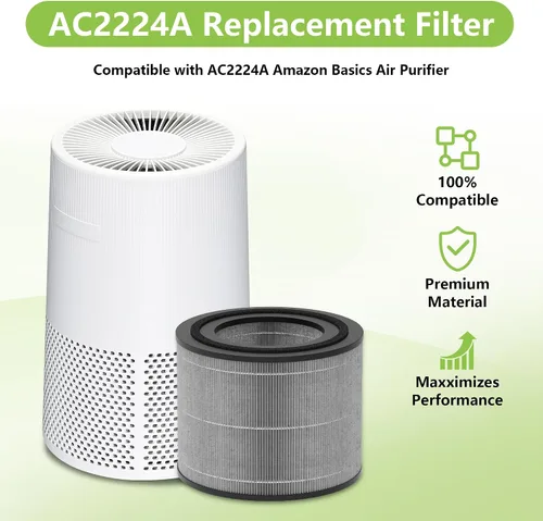 Miniatura 2 de AC2224A - Filtro de repuesto compatible con purificador de aire Amazon Basics AC2224A, sistema de filtración 3 en 1, filtro HEPA con carbón