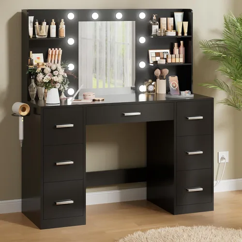 Escritorio de maquillaje con espejo y 10 luces, mesa con 7 cajones y 4 estantes abiertos, 3 modos de color y brillo ajustable, estación de carga