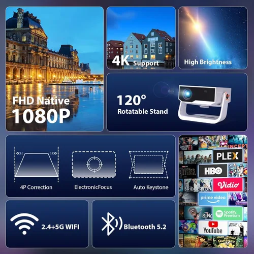Miniatura 3 de Proyector con WiFi y Bluetooth, Aplicaciones Integradas Soporte 4K Sistema Operativo Inteligente Proyector Portátil para Dormitorio Nativo 1080P