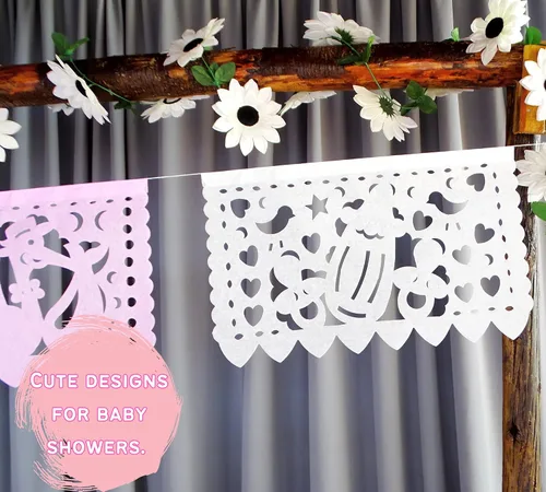 Miniatura 5 de Pancartas de fiesta de baby shower de niña rosa/blanca – Decoraciones de baby shower rosa Fiesta Papel Picado, guirnaldas de papel con serpentinas