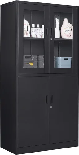 Miniatura 14 de Vitrina con puertas de cristal, vitrina para coleccionables, gabinete de exhibición Curio con 4 estantes ajustables, gabinete de exhibición de Negro