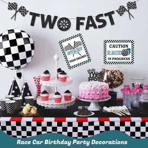 Miniatura 5 de Decoración de Cumpleaños Dos Rápido, Suministros de Fiesta de Autos de Carrera Decoraciones de 2do Cumpleaños para Bebé Niño Letreros de Fiesta