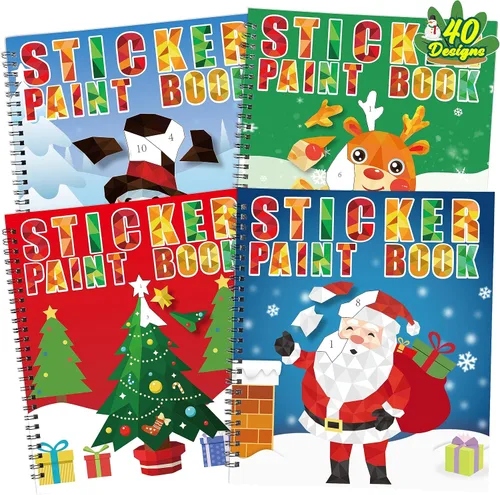 90shine 4 piezas de manualidades navideñas para niños de 4 a 8 años Libros de pintura adhesiva - Incluye diseños de Papá Noel, muñeco de nieve,