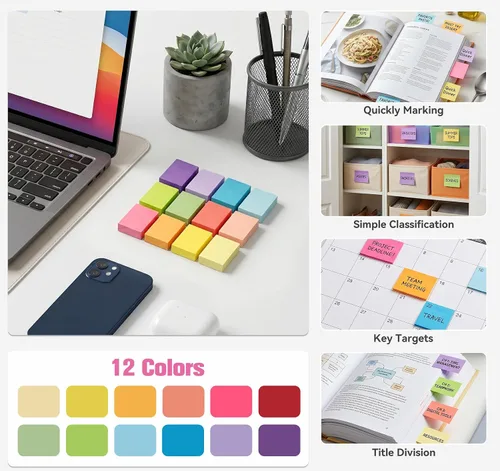 Miniatura 9 de Agoer 2 notas adhesivas pequeñas de 1.5 pulgadas, 100/blocs x 24 blocs de notas de colores, 12 notas autoadhesivas de colores brillantes, notas 24