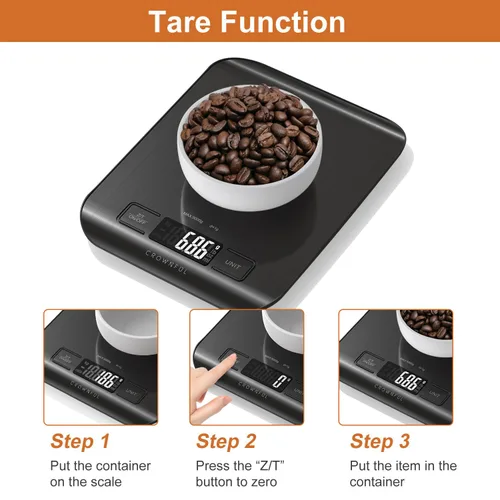 Miniatura 5 de CROWNFUL Báscula de Alimentos, Básculas Digitales de Cocina de 11 lb con Batería Tipo Moneda Integrada, Pesa en Onzas y Gramos para Cocinar y Negro