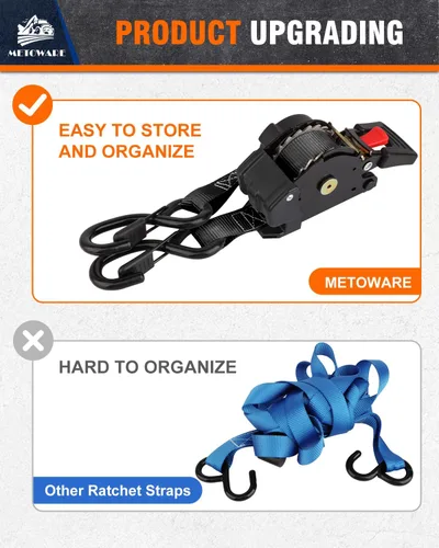 Miniatura 7 de METOWARE Correas de trinquete retráctiles (paquete de 2) – 1 pulgada x 10 pies (1500 libras de resistencia a la rotura) – Correas de amarre