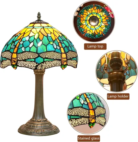 Miniatura 4 de Lámpara Tiffany Estilo Libélula Verde Lámparas de Vidrio Emplomado Verde Azulado Lámpara de Mesa de Dormitorio Mesita de Noche para Dormitorio