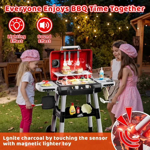 Miniatura 9 de Juguetes de cocina para niños, juego de parrilla BBQ para niños, juguete de barbacoa de 2 niveles con ruedas, sonido de humo y luz, juego