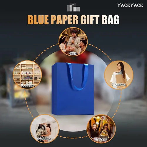 Miniatura 7 de Bolsas de regalo azules, 10 unidades, 8 x 4.25 x 10.5 pulgadas, bolsas de regalo de papel azul mediano con asas de cinta, multiusos, boda
