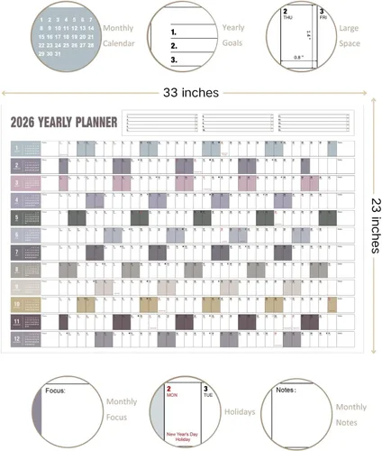 Miniatura 3 de Calendario anual de pared con días festivos, calendario de año completo de una página, calendario de pared anual con calcomanías, horizontal, 23 x