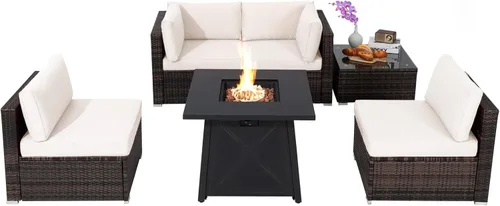Tangkula Juego de muebles de patio de 6 piezas con mesa para fogata de propano de 30 pulgadas, juego de conversación de mimbre de polietileno para