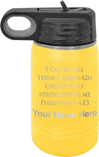 Miniatura 52 de LaserGram Botella de agua de doble pared abatible de 12 onzas con pajilla, versículo bíblico filipenses 4-13, grabado personalizado incluido