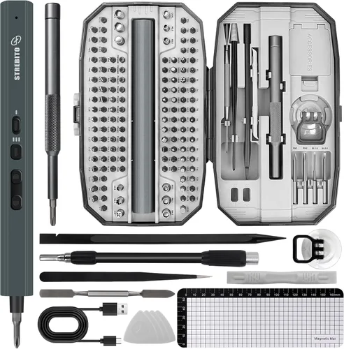 Miniatura 10 de STREBITO Juego de destornilladores eléctricos 155 en 1, destornillador eléctrico pequeño inalámbrico con 140 puntas magnéticas S2, kit de Gris