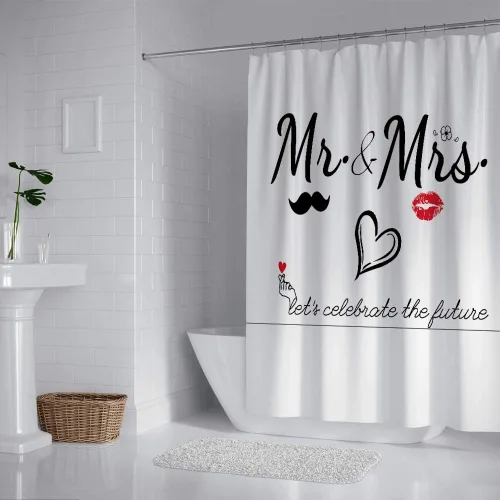 Miniatura 2 de Mr Mrs - Cortina de ducha para parejas enamoradas, bodas, baño nupcial, juego de cortinas de tela para decoración de baño con ganchos, 71 x 71