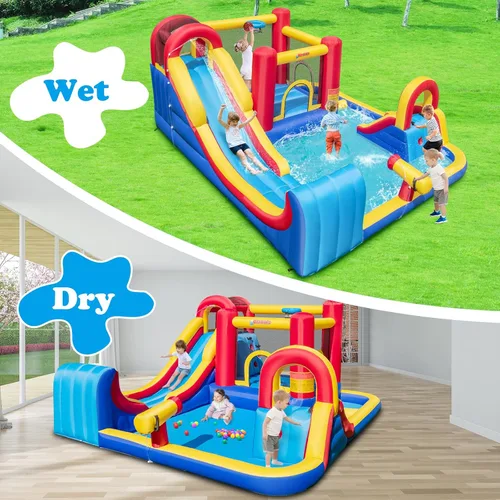 Miniatura 9 de OLAKIDS Tobogán acuático inflable, parque acuático 8 en 1 con 2 toboganes, pared de escalada, pistola de agua, borde de baloncesto, carrera