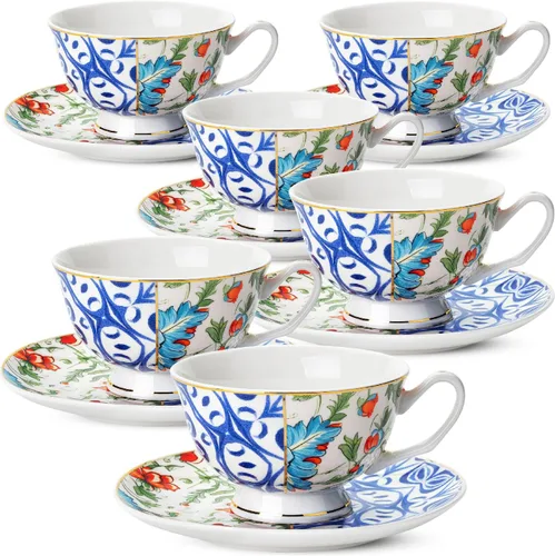 Miniatura 9 de BTaT - Juego de tazas de té y platillos florales, 8 onzas, juego de tazas de té de porcelana fina con ribete dorado para té de la tarde, bodas
