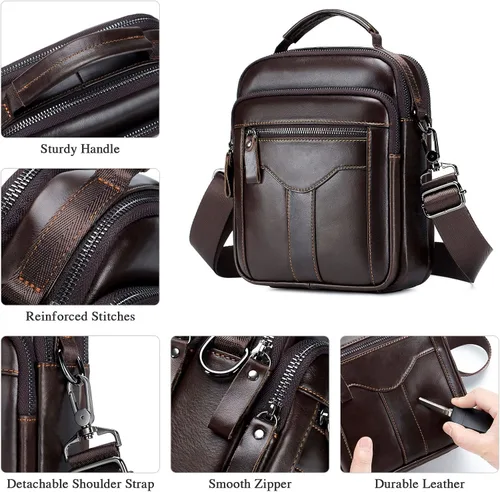 Miniatura 5 de BAIGIO Bolso bandolera de cuero genuino para hombre, bolso de mensajero pequeño para hombre, bolso de cuero para regalo de padre