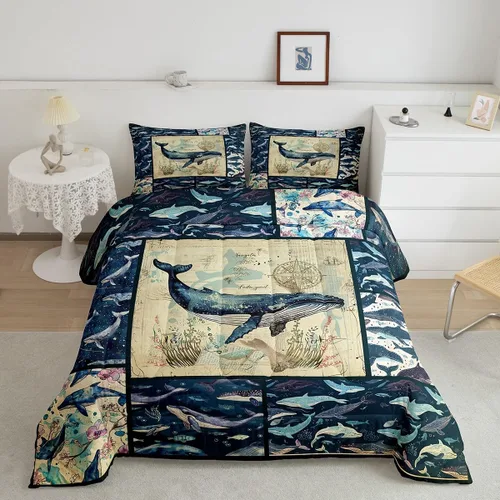 Juego de edredón de ballena individual, juegos de ropa de cama retro con temática náutica para decoración de dormitorio, edredón de plumón de vida