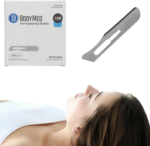 BodyMed Cuchillas de Dermaplaning #10R en Acero Inoxidable, 100 PCS - Desechables, Cuchillas de Bisturí Estériles para Esteticistas, Exfoliación
