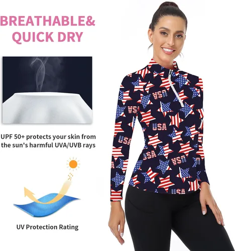 Miniatura 23 de WOWENY Camiseta deportiva de manga larga para mujer, con cremallera de un cuarto, cuello para entrenamiento, camiseta de tenis con estampado