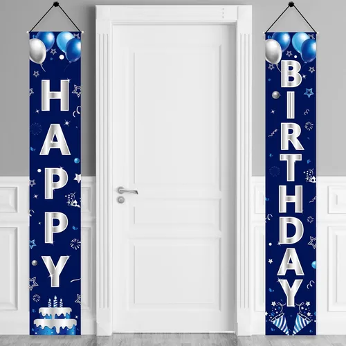 Turypaty Cartel de feliz cumpleaños azul plateado para hombres y niños, cartel de feliz cumpleaños, porche, suministros de fiesta, decoración de