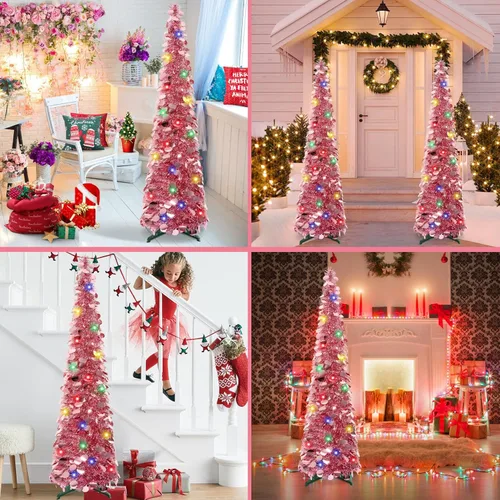 Miniatura 5 de Árbol de Navidad Emergente de 5 Pies con Luces, Árbol de Lápiz Plegable Rosa, Árbol de Navidad Delgado Árbol de Navidad Esbelto, Árbol de Oropel